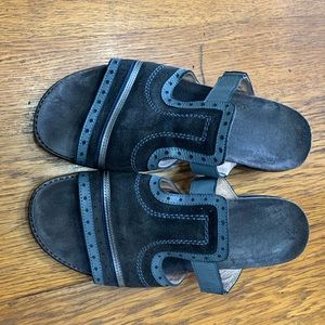NAOT Naot Nifty Blue Gray Suede Leather Slip-on Slide Chunky Block Heel Sandals